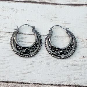Ornate Dangle Earrings Dark Silver Tone Metal with Small Black Gem